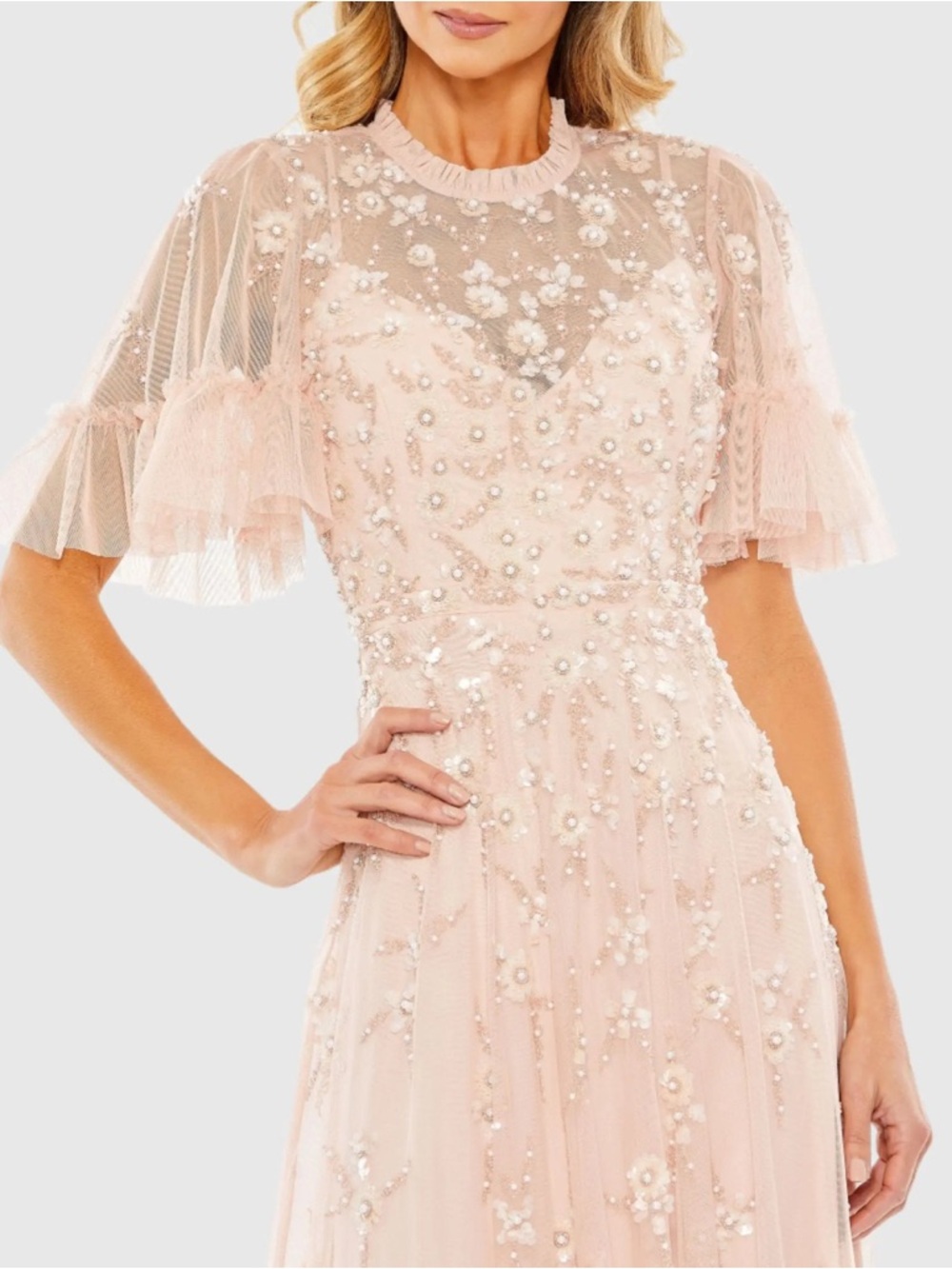 Mac Duggal 9199 Ruffled Floral Embellished Flutter Sleeve A-Line Gown Sz 16 NWT - Picture 2 of 12